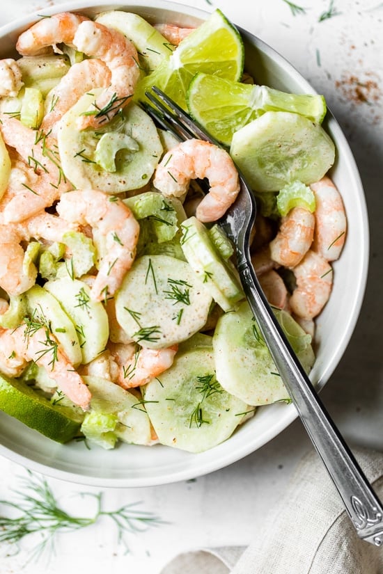 This Creamy Shrimp and Celery Salad is seasoned with Old Bay and lime juice and mixed in a light creamy sauce.