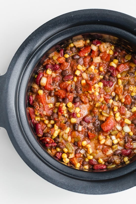 Crock Pot Chicken Taco Chili is an easy slow cooker dump recipe using freezer and pantry staples!