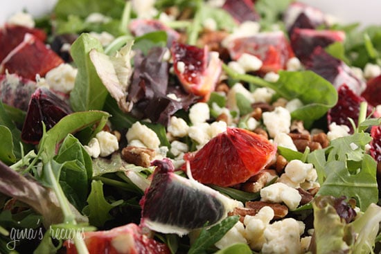 Mixed greens topped with crumbled gorgonzola cheese, chunks of blood orange and chopped pecans