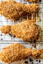 Crispy oven fried chicken drumsticks.