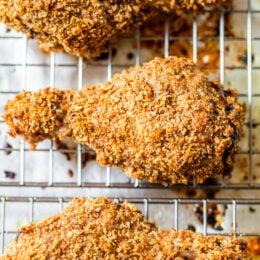 Crispy oven fried chicken drumsticks.