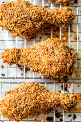 Crispy oven fried chicken drumsticks.