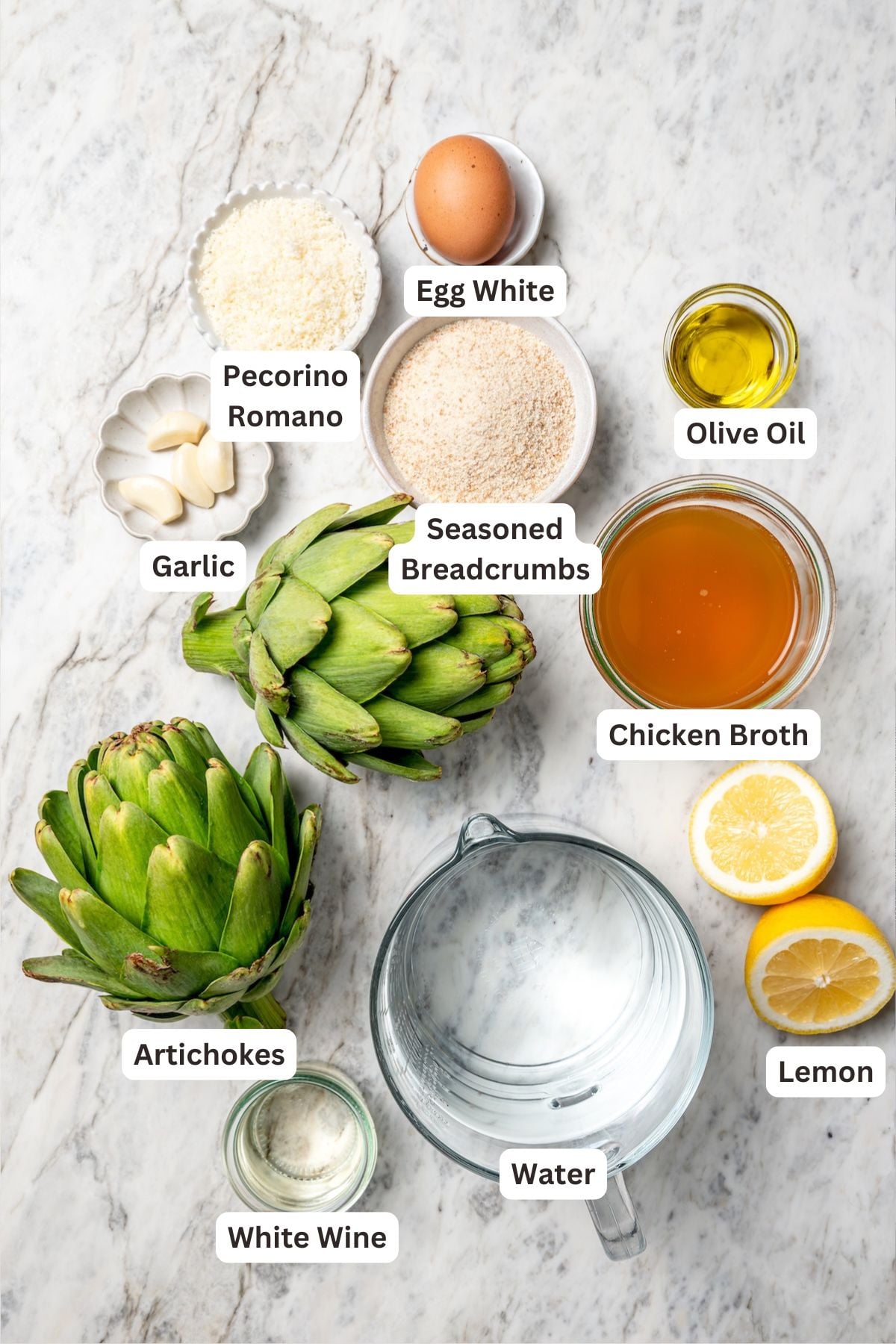 Overhead view of ingredients for stuffed artichokes