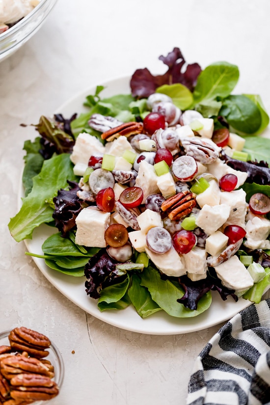 This lightened up chicken Waldorf salad is creamy and crisp, with tender chicken, apples, grapes, celery and nuts in a light dressing. Creamy chicken Waldorf salad served over bed of greens.