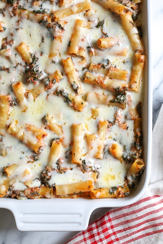 Baked ziti is a favorite comfort dish in my home! Adding spinach is a quick and easy way to get more leafy greens into your family's diet without complaints.