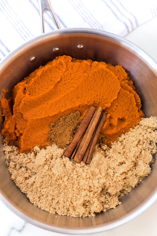 Canned pumpkin, cinnamon sticks, pumpkin spice and brown sugar.