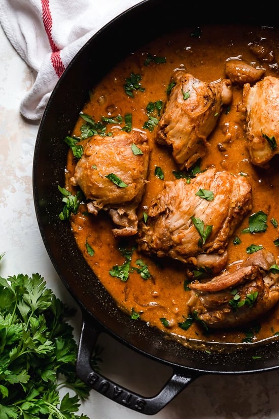 I lightened up this popular French chicken dish known as Poulet Au Vinaigre, which is made with chicken thighs and shallots cooked in red wine vinegar and white wine.