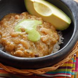Beans are high in complex carbohydrates, protein and dietary fiber, low in fat, calories and completely cholesterol-free. Eating as little as a half a cup of beans a day can be beneficial in reaching your dietary needs. These beans were a hit with my family, all that was leftover was this little bit shown here over rice, topped with aji verde sauce.