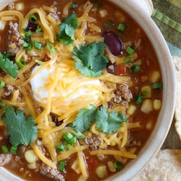 This quick and easy Turkey Chili Taco Soup, filled with beans, tomatoes and corn is one of my favorite soups for lunch! It takes just 20 minutes to cook but it tastes like it was simmering for hours!