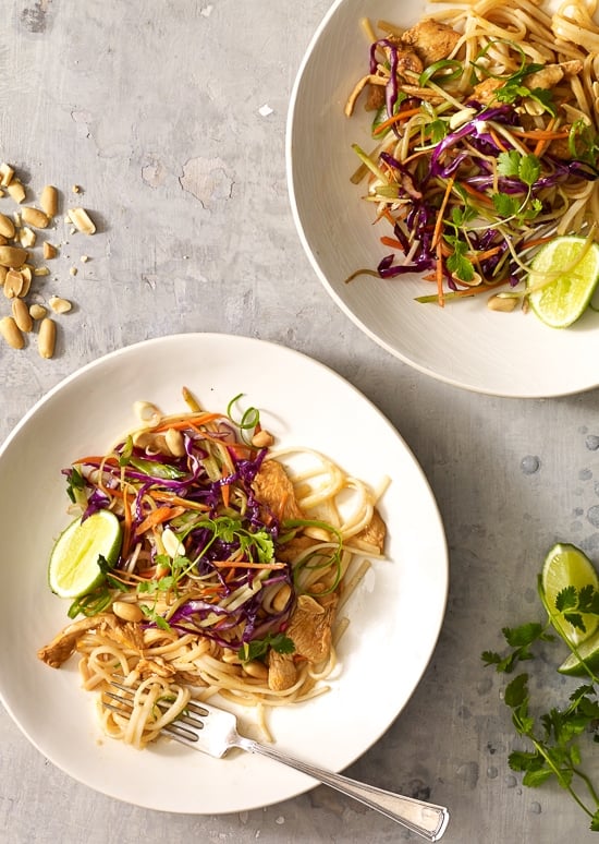 With lots of veggies, juicy chicken and spicy peanut sauce, this peanut noodles recipe is both light and satisfying—not to mention flavorful! Overhead view of Asian peanut noodles with chicken in two bowls