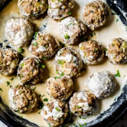 Skillet of creamy Swedish meatballs.