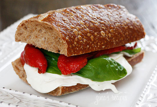 Rustic whole wheat Italian bread, fresh mozzarella, summer tomatoes, basil and balsamic vinegar. My favorite meatless sandwich!