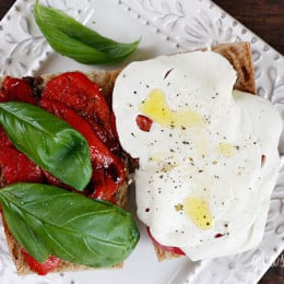 Rustic whole wheat Italian bread, fresh mozzarella, summer tomatoes, basil and balsamic vinegar. My favorite meatless sandwich!