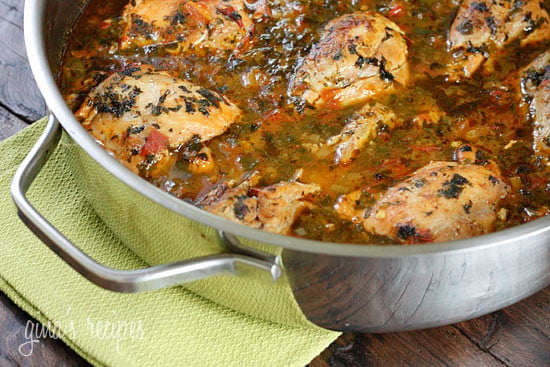 Sofrito Chicken Stew, skinless chicken drumsticks, slowly stewed in light beer, scallions, tomatoes, cilantro, peppers, garlic and spices.