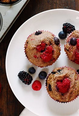Fresh raspberries, strawberries, blueberries and blackberries baked in low-fat whole wheat muffins. Perfect for breakfast or to enjoy as a snack.