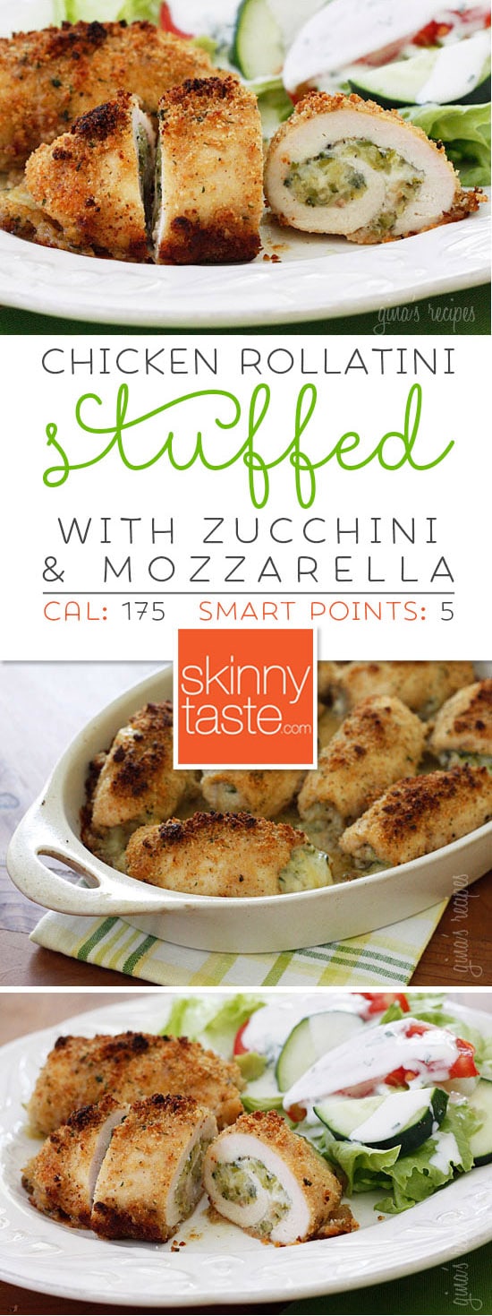Chicken breast stuffed with shredded zucchini, garlic and mozzarella cheese, rolled then dipped in oil and fresh lemon juice, breaded and baked to perfection!