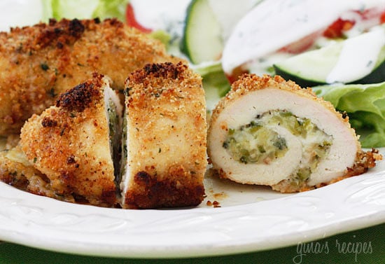 Chicken breast stuffed with shredded zucchini, garlic and mozzarella cheese, rolled then dipped in oil and fresh lemon juice, breaded and baked to perfection!