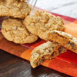 A fabulous Fall pumpkin spiced chocolate chip cookie! This is what happens when you take the Best Low Fat Chocolate Chip Cookie Recipe and swap out the apple sauce for pumpkin puree, then add lots of pumpkin pie spice!