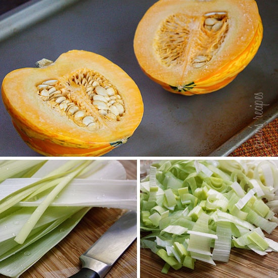 Roasted acorn squash with sauteed leeks topped with pepitas and chopped chives. Leeks are reminiscent of shallots but sweeter and more subtle, a perfect compliment to winter squash. If you like Potato Leek Soup, I think you will love this soup.