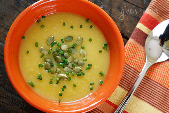 Roasted acorn squash with sauteed leeks topped with pepitas and chopped chives. Leeks are reminiscent of shallots but sweeter and more subtle, a perfect compliment to winter squash. If you like Potato Leek Soup, I think you will love this soup.