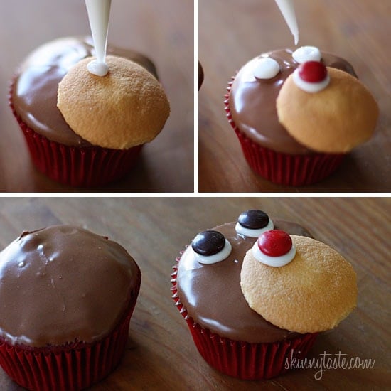 Red velvet yogurt cupcakes topped with a chocolate glaze. These festive reindeer cupcakes are easy to make perfect for a Holiday party!