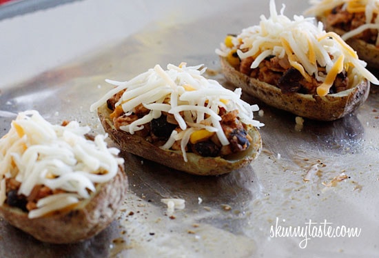 Skinny potato skins loaded Santa Fe style with mildly spiced turkey, black beans, corn and tomatoes topped with cheese - you won't be able to stop at just one!
