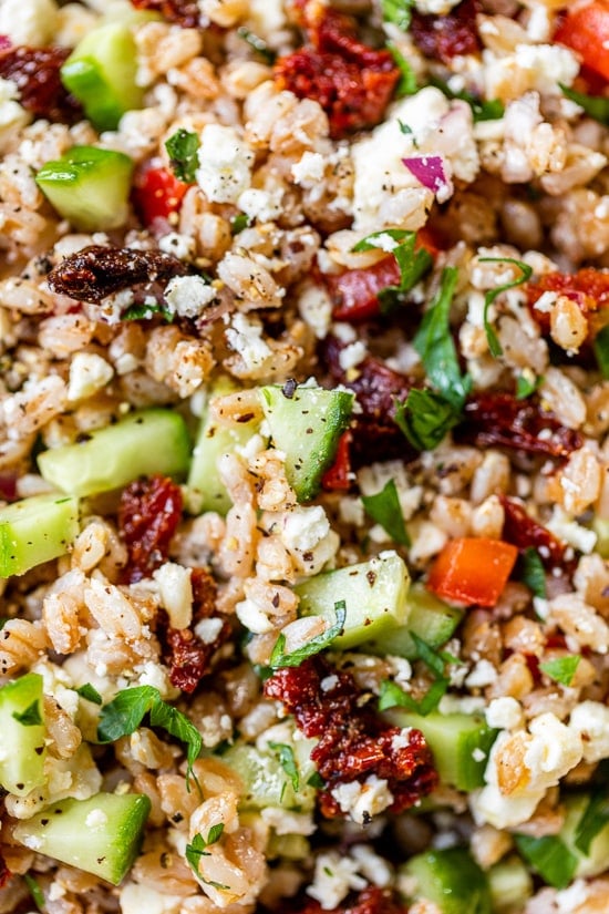 close up of farro salad
