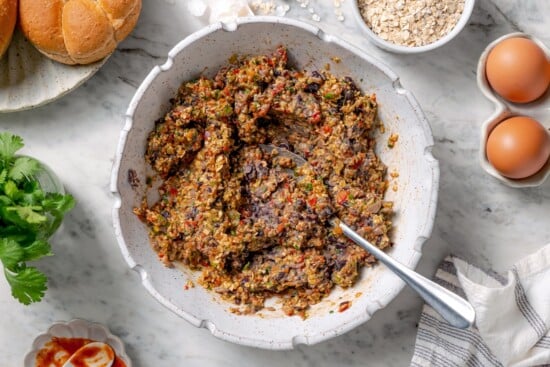 These black bean burgers are flavorful, satisfying and easy to make ahead. With a smoky chipotle mayo and avocado on top, they're delicious! Mixed black bean burger mixture.
