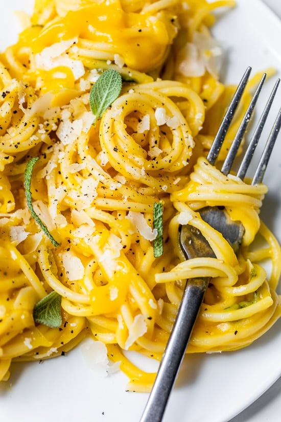 Something magical happens to pasta when you combine spaghetti with a creamy butternut sauce made with leeks, sage, garlic and Parmigiano Reggiano. You'll swear this is full of cream and butter, but it's not!