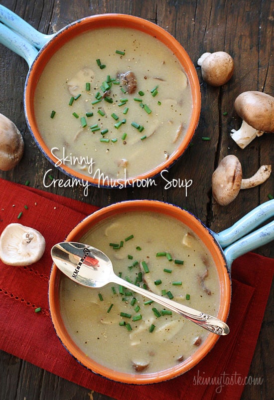 A velvety, creamy mushroom soup that is low in fat, yet rich in flavor. Perfect for lunch with a sandwich on the side, or makes a lovely first course for dinner.