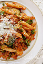 Penne pasta tossed with sauteed brussels sprouts and a quick meat ragu using lean ground turkey and just enough hot Italian pork sausage to enhance the flavor of the sauce. A hearty pasta dish for a crisp Autumn day.