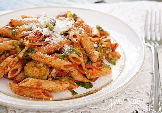 Penne pasta tossed with sauteed brussels sprouts and a quick meat ragu using lean ground turkey and just enough hot Italian pork sausage to enhance the flavor of the sauce. A hearty pasta dish for a crisp Autumn day.