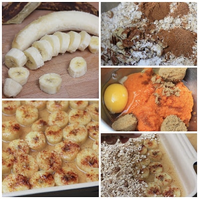 Cutting board with a whole banana and a sliced banana, banana slices in a baking dish sprinkled with cinnamon, a mixing bowl with oats, nuts, cinnamon, and baking powder, a mixing bowl with pumpkin, brown sugar, and an egg, a baking dish with banana slices topped with oat mixture