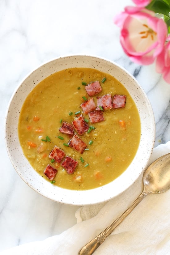 Overhead view of a bowl of Instant Pot split pea soup