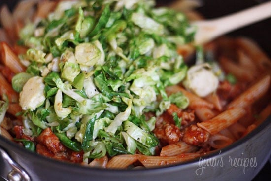 Penne pasta tossed with sauteed brussels sprouts and a quick meat ragu using lean ground turkey and just enough hot Italian pork sausage to enhance the flavor of the sauce. A hearty pasta dish for a crisp Autumn day.