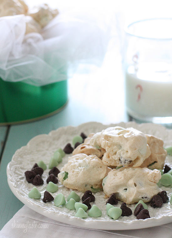 Easy light and airy cookies made with only 5 ingredients! If you like the combination of mint chocolate chip, then you'll love these little meringue clouds.