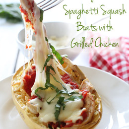 Roasted spaghetti squashed topped with marinara sauce, grilled chicken, melted mozzarella and some fresh basil. I had a hard time naming this one, but I think you get the point.