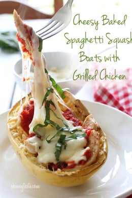 Roasted spaghetti squashed topped with marinara sauce, grilled chicken, melted mozzarella and some fresh basil. I had a hard time naming this one, but I think you get the point.
