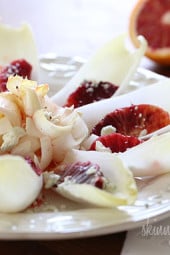 A simple salad made with endive lettuce, blood oranges, Gorgonzola with a blood orange vinaigrette.
