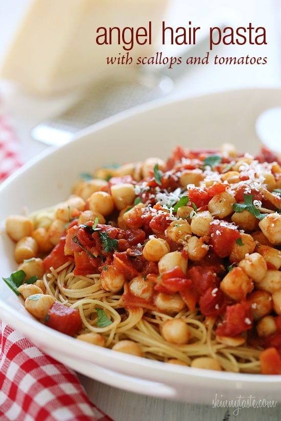 Sauteed bay scallops with tomatoes and a touch of white wine and lemon juice served over angel hair pasta.