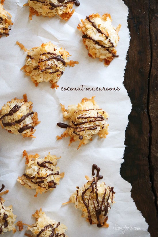 I took last year's plain coconut macaroons and drizzled them with a little chocolate to satisfy my craving. I reduced the sugar a little to compensate for the chocolate and drizzled some chocolate over them once they were done.