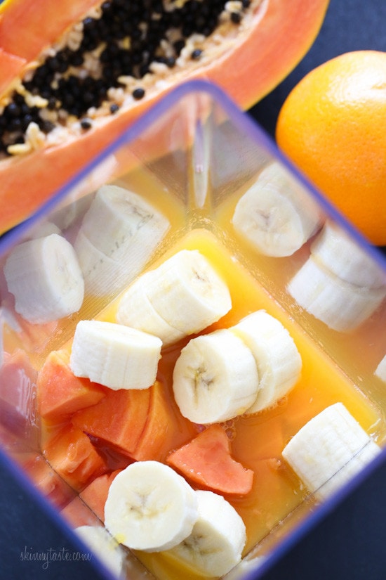 A sunlit, vitamin-packed tropical fruit shake made with pink-hued papayas, fresh squeezed oranges and bananas.