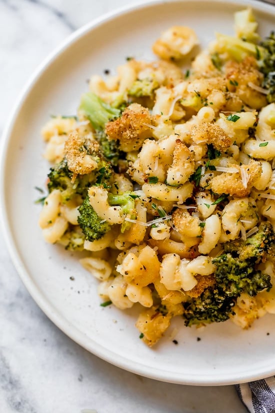 Creamy, cheesy, and packed with veggies, this lightened-up broccoli mac and cheese delivers kid-friendly comfort without feeling too heavy. Plate of broccoli macaroni and cheese.