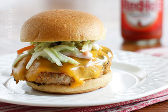 Buffalo Turkey Burgers with Blue Cheese Broccoli Slaw Turkey burgers with a cayenne pepper kick! Here's a fun way to turn boring turkey burgers into something with a little more exciting. If you're a buffalo wing fan, you'll love the flavors in this turkey burger topped with a broccoli slaw tossed with my very own homemade blue cheese dressing.