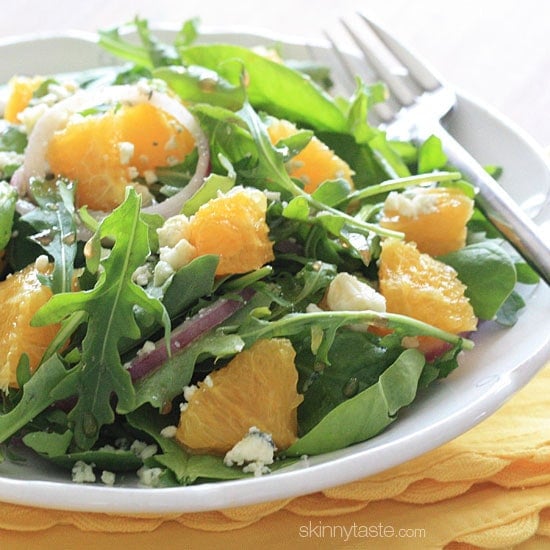 Orange and Arugula Salad with Red Onion and Gorgonzola Something about Spring and the warmer weather that puts me in such a GREAT mood. It also makes me crave more salads, and this simple salad is a favorite of mine, I make this all the time for myself.