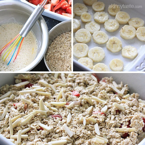 This healthy baked oatmeal with strawberries, rhubarb and slivered almonds is so good you'll almost think you are having dessert for breakfast!