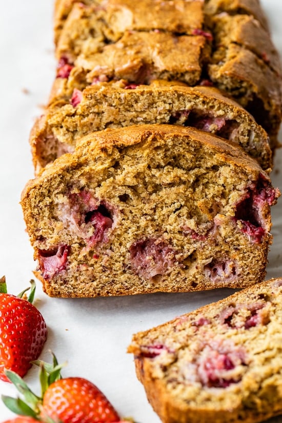 This easy strawberry banana bread is moist and delicious! It's made with ripe bananas and roasted strawberries for incredible flavor. Roasted Strawberry Banana Bread