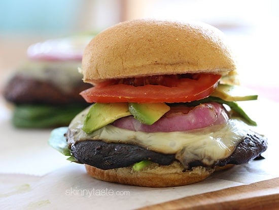 The Best Grilled Portobello Mushroom Burgers I set out to make a great tasting grilled portobello mushroom burger that even a meat lover would love. The mushrooms are marinated then grilled and topped with melted Swiss Cheese, grilled red onion, tomatoes, spinach, and avocado – yum!!