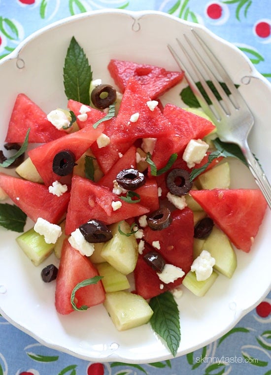Chilled Watermelon Cucumber Feta Salad Chilled Watermelon Cucumber Feta Salad tossed with Kalamata olives, fresh mint and a drizzle of balsamic glaze – refreshing, light and delicious!