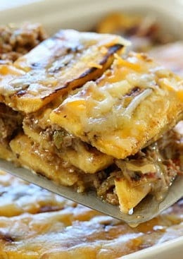 Turkey Pastelón is a latin lasagna made of strips of sweet plantain layered with savory picadillo and cheese. It's that sweet salty thing that makes it taste SO good!